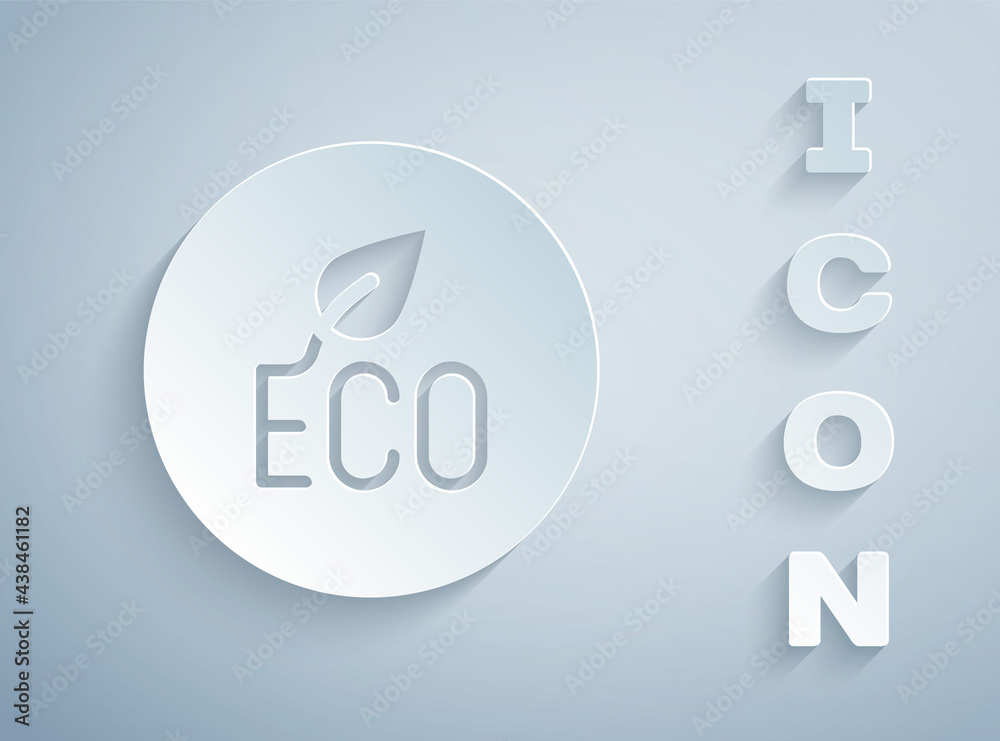 Paper cut Leaf Eco symbol icon isolated on grey background. Banner, label, tag, logo, sticker for eco green. Paper art style. Vector