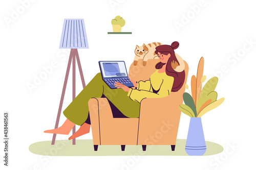 Happy girl with laptop sitting on armchair. Young woman working or studying on a computer. Cozy home office, work at home, online education or social media concept. Flat self employee or freelancer.