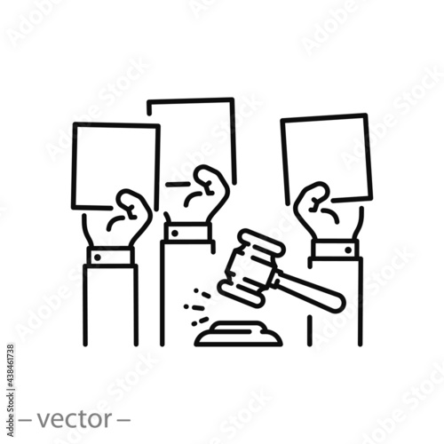 hand vote at the auction, bid competition bidder, financial suggestion paddle, commercial market, thin line symbol on white background - editable stroke vector illustration eps10