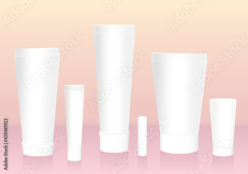 Cosmetic tubes collection. Blank, unlabeled, white template, containers, different variations and sizes, for creams, lotions, balms, shampoos, serums, exfoliates, makeup. Vector illustration.
