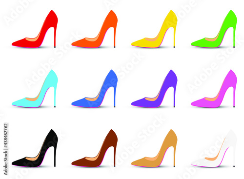 Set of coloured high heels pumps with pink sole. Vector illustration on white background