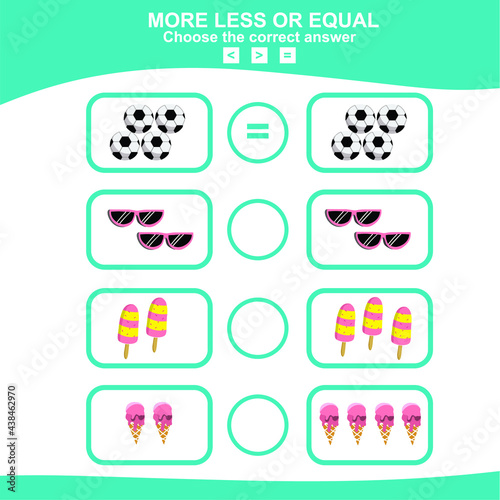 Math educational game for children. Choose more, less or equal game. Educational printable math worksheet. Vector illustration in cartoon style.