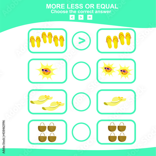 Math educational game for children. Choose more, less or equal game. Educational printable math worksheet. Vector illustration in cartoon style.