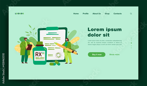 RX prescription flat vector illustration. Cartoon tiny pharmacists recommending therapy and medication with drugs and painkillers to patient. Pharmaceutical industry, medicine concept