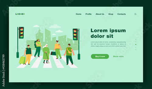 Crowd of various people crossing avenue road flat vector illustration. Cartoon pedestrians walking on street crosswalk. Modern lifestyle and city traffic concept