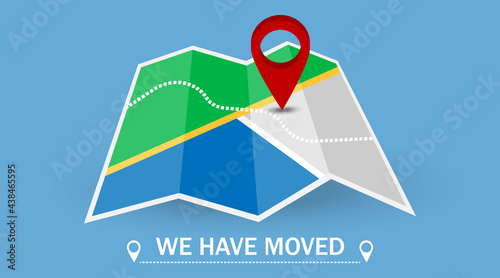 Location icon on navigation map .We have moved. City map with red location,pointer,pin,marker.Pin, marker, navigator .Moving concept,3D view.