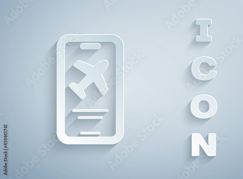 Paper cut Smartphone with electronic boarding pass airline ticket icon isolated on grey background. Passenger plane mobile ticket for web and app. Paper art style. Vector