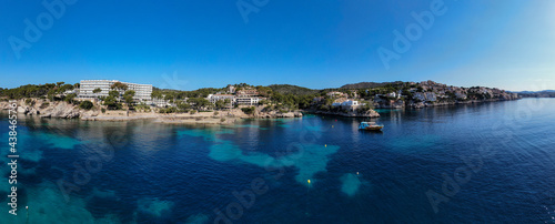 Panorama seacoast of the beach in mallorca with beaturiful view of the sea. Sea view of turquoise colour. Concept of summer, travel, relax and enjoy