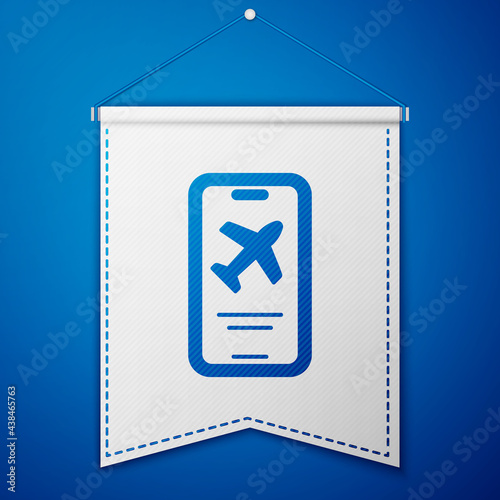 Blue Smartphone with electronic boarding pass airline ticket icon isolated on blue background. Passenger plane mobile ticket for web and app. White pennant template. Vector