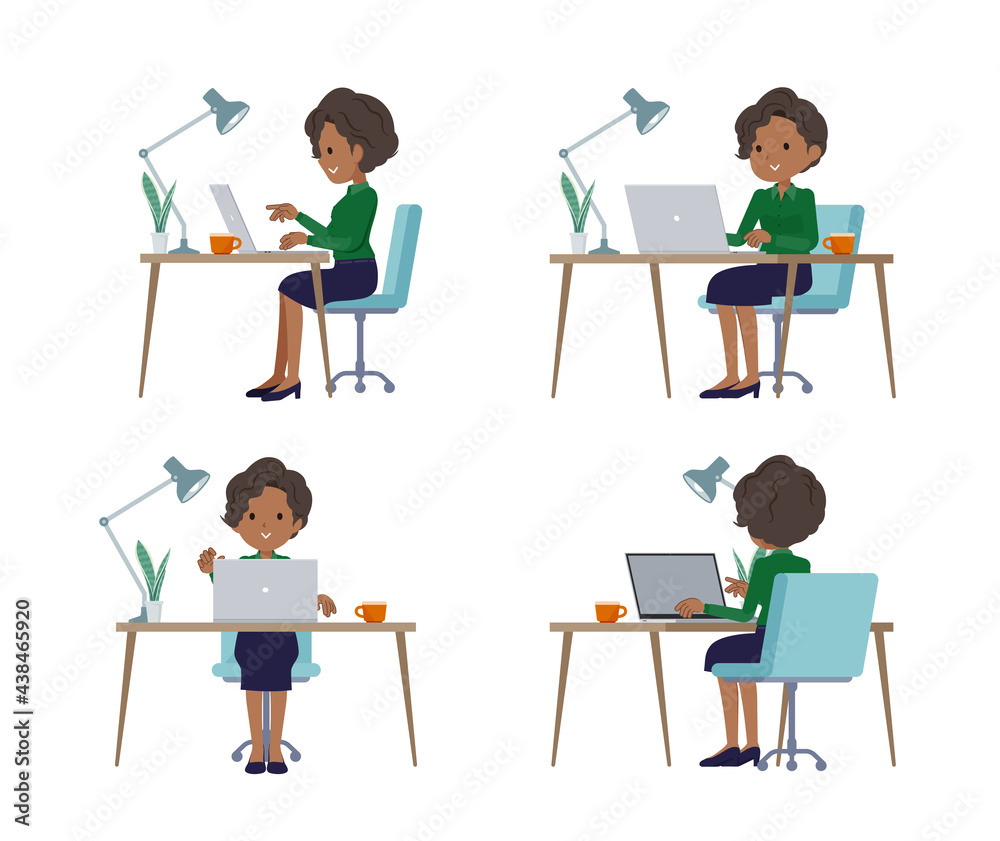 PCでデスクワークをしている黒人ビジネス女性のセット