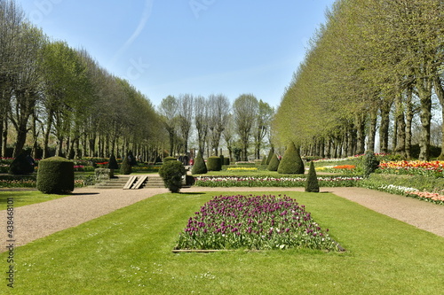 Parterre de tulipes entre les deux allées au jardin français du domaine du château de Grand-Bigard à l'ouest de Bruxelles 