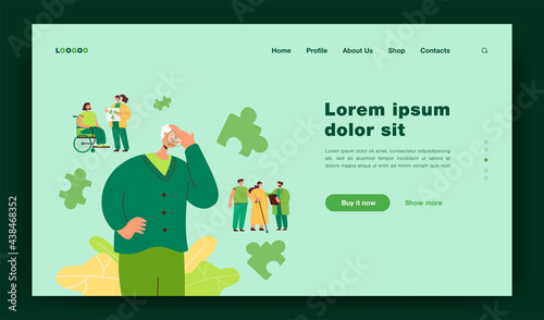 Patients with Alzheimers disease. Confused old man lost in thoughts, connecting puzzles in his mind. For mental illness, neurology therapy, loss memory, brain treatment concept