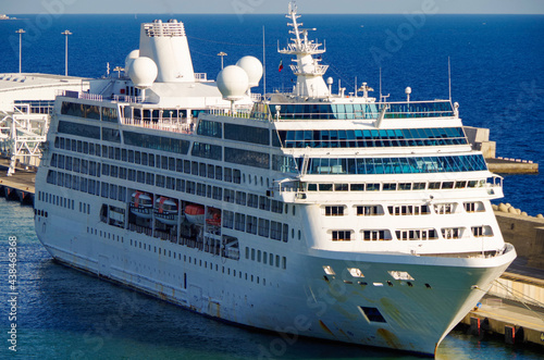 Ex Pacific Princess cruiseship and future Azamara cruise ship liner Onward in port of Civitavecchia, Rome in Italy prior to hull painting