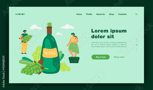 Happy couple producing natural wine isolated flat vector illustration. Cartoon male and female characters growing vines of organic grapes. Alcohol and wine production concept