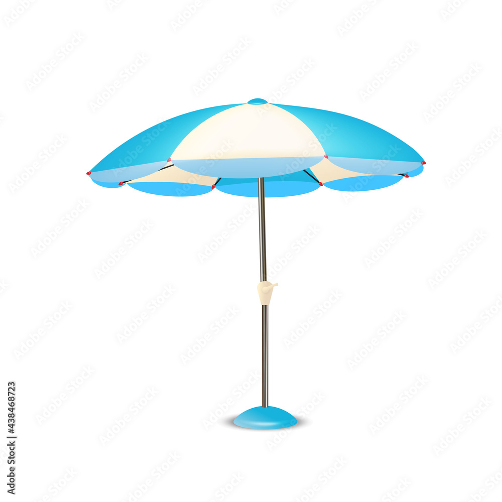 Vector 3d Realistic beach umbrella in blue, white striped with fringes.