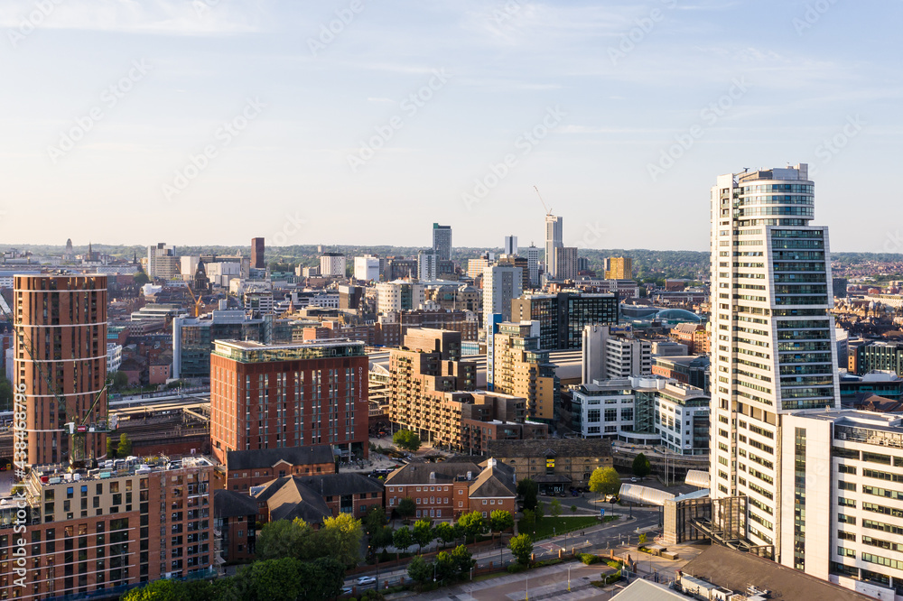 Aerial view of Leeds city skyline at sunset