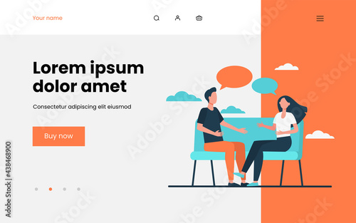 Young couple arguing at home. Man and woman sitting on couch and talking flat vector illustration. Conflict, relationship, communication concept for banner, website design or landing web page