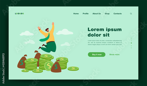 Happy millionaire jumping near pile of coins flat vector illustration. Cartoon businessman or banker celebrating income growth. Finance and stock market concept