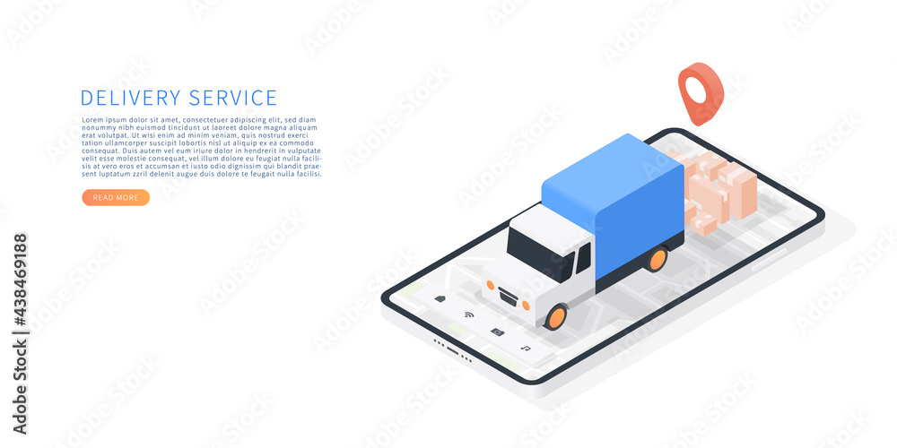 Delivery service on mobile application. Transportation delivery by truck. Vector isometric with smartphone, delivery truck, map, parcels, map tracking. Vector illustration. - obrazy, fototapety, plakaty 