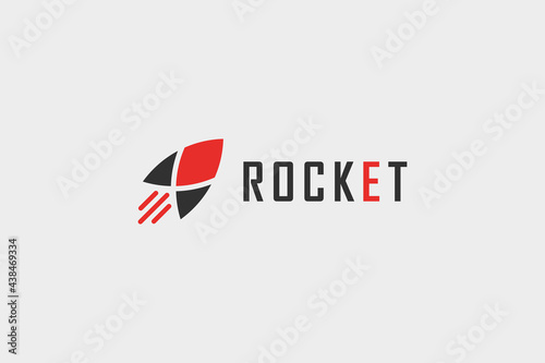 Simple Rocket Logo. Red and Black Geometric Shapes Flying Rocket with Speed Waves isolated on White Background. Usable for Business and Technology Logos. Flat Vector Logo Design Template Element.