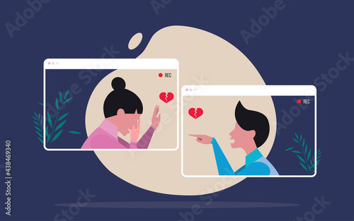 Unhappy moment - couples who can only meet via video call, corona makes them unable to meet. Flat Vector illustration