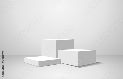 Podium square box geometry shape stand scene and winner pedestal in studio on gray or white background.vector illustration.