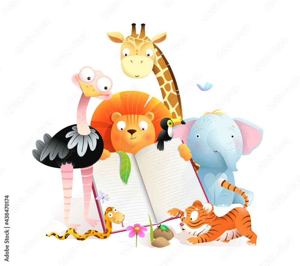 Montessori African animals class reading a book and studying. Giraffe tiger  lion elephant and ostrich cute animals for children with empty notebook.  Watercolor style vector clipart for children. Stock Vector | Adobe