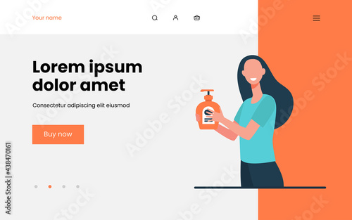 Smiling woman holding bottle with sanitizer. Virus, pandemic, health flat vector illustration. Disinfection and hygiene concept for banner, website design or landing web page
