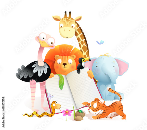 Montessori African animals class reading a book and studying. Giraffe tiger lion elephant and ostrich cute animals for children with empty notebook. Watercolor style vector clipart for children.