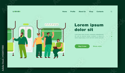 Passengers in subway or underground car interior. Flat vector illustration. Cartoon people riding subway, bus or train. Public transport, transportation, metro concept for landing page