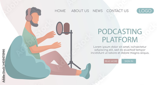 Vector landing page web template for blogging and vlogging. Young trendy man with headphones sitting on lazy bag and recording podcast with microphone on tripod.
