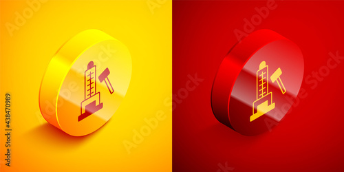 Isometric High striker attraction with big hammer icon isolated on orange and red background. Attraction for measuring strength. Amusement park. Circle button. Vector