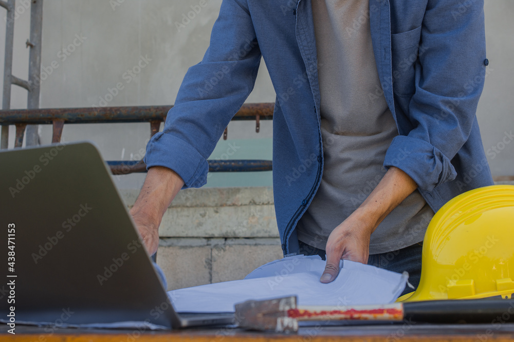 Worker employee working by computer technology on site construction Worker employee working by computer technology on site construction