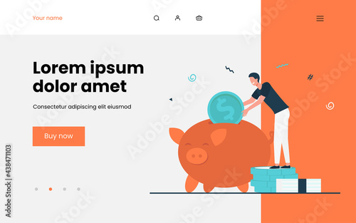 Person saving money. Happy man inserting coins to piggy bank. Flat vector illustration. Deposit, banking, finance concept for banner, website design or landing web page