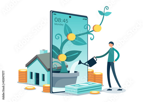 Symbolic Financial Plan Icons. People Characters Invest or Manage Family Savings for Rich Life and Balance Budget Revenue and Gain. Money Tree, Gold Symbol, Banknotes Flat Cartoon Vector Illustration.