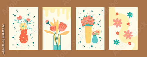 Herbal illustration set in pastel colors. Bright flowers in vases and pots. Postcard invitation design. Flowers and bouquet concept for banners, website design or backgrounds