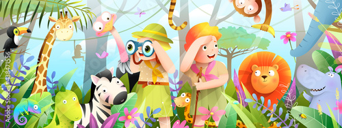 Kids and children jungle adventure with African animals in the wild, boy and girl explorers on adventure journey looking for animals. Horizontal banner for kids storytelling. Watercolor style vector.