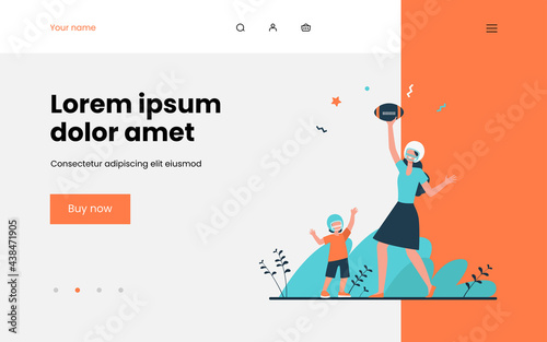 Mom and son playing football. Mother and kid in helmets throwing and catching ball flat vector illustration. Motherhood, family, activity concept for banner, website design or landing web page