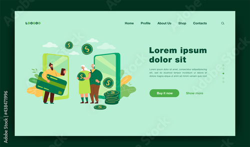 Remittance and money transfer between relatives. Flat vector illustration. Cartoon family making cashless financial transactions, sending money. Bank, mobile transfer payments, online wallet concept