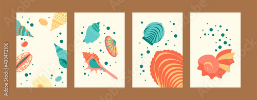 Marine illustration set in pastel colors. Seashore images collection in creative style. Cute seashells on gentle background. Sea life concept for banners, website design or landing page