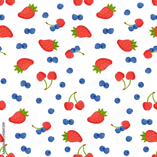 Vector illustration pattern of fresh berries from trees or bushes. Cartoon fruit. Design for screen printing backdrop, fabric and tile wallpaper. 
