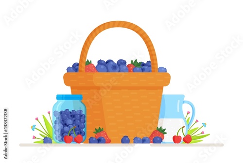 Vector illustration of an isolated basket of fresh blue berries. Basket with blueberries, ripe juicy sweet berries. menu template or banner for healthy eating. 