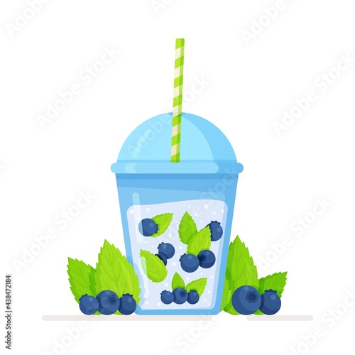 Vector illustration of an isolated clear glass with a blueberry and mint cocktail. Beautiful cocktail with blue berries. A drink obtained by mixing several components.