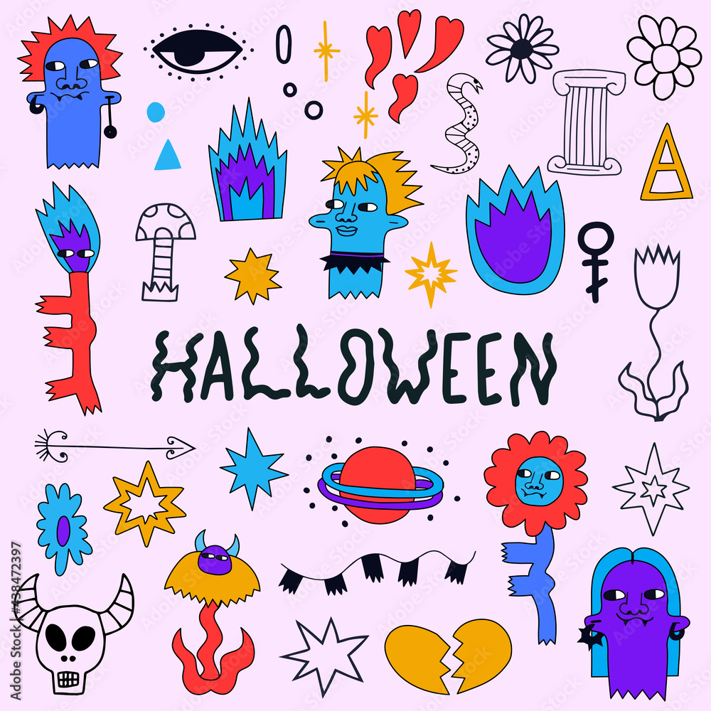vector bizarre halloween sticker collection.Quirky hand drawn style.Modern magic and feminist witches.magical portrait, flower, fire, potion.Spiritual groove funky patches.hippie tattoo templates