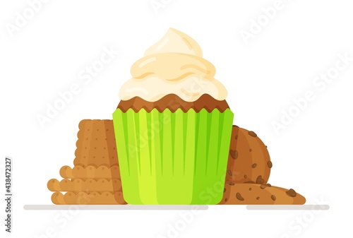 Vector illustration of a beautiful cupcake with a white cap on a white background.  Set of muffins in very bright rainbow colors with layered curdled fruit creams. 