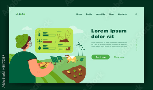 Farmer analyzing data on eco farming isolated flat vector illustration. Farmer working with data on feeding cows. Automation, implementation and smart technology concept