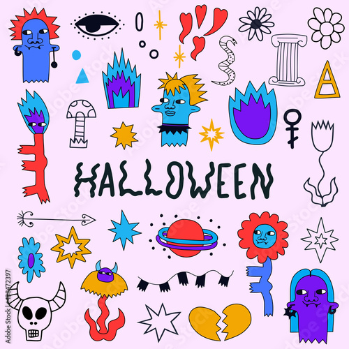 vector bizarre halloween sticker collection.Quirky hand drawn style.Modern magic and feminist witches.magical portrait, flower, fire, potion.Spiritual groove funky patches.hippie tattoo templates