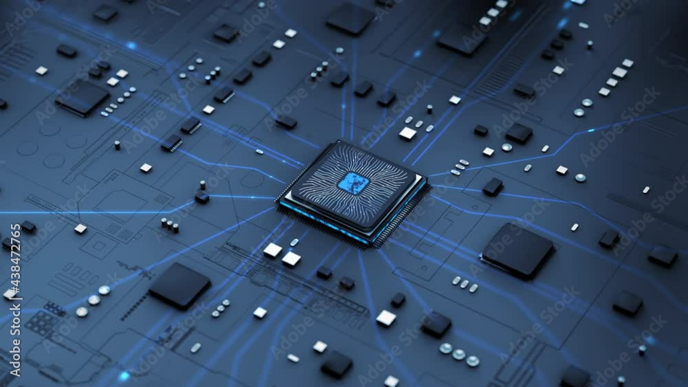 3D Render animation CPU chipset central processor unit and electric ...