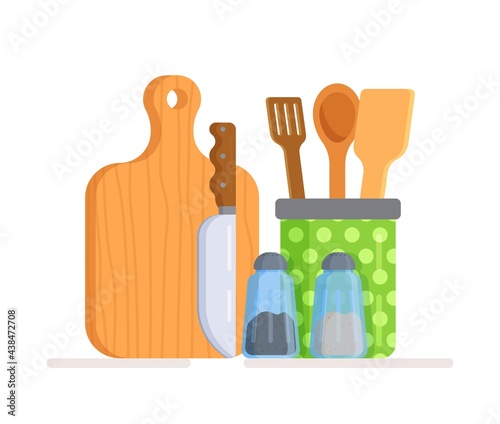 Vector illustration of a set of kitchen utensils on a white background. Preparing all the things for cooking. Kitchen utensils. Morning.