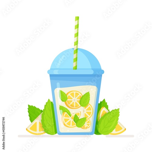 A glass of freshly squeezed citrus lemon juice with a straw. Summer cooling drink.Vector illustration of a delicious sour cocktail isolated on a white background. Fresh lemonade and its ingredients. 